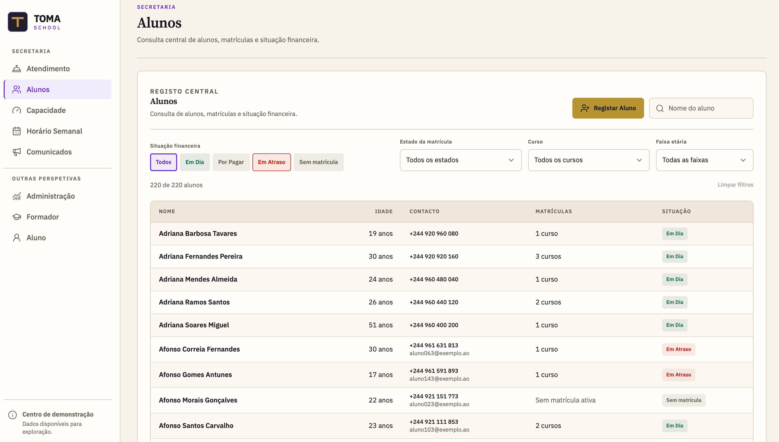 TOMASchool front office enrollment view